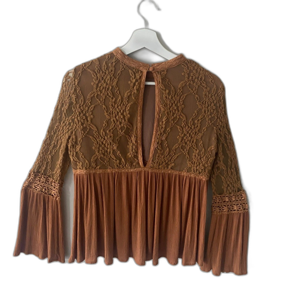 Y2K Vintage Inspired Blouse L Brown Long Bell Sleeve Fairy Grunge Cottagecore - Picture 3 of 6